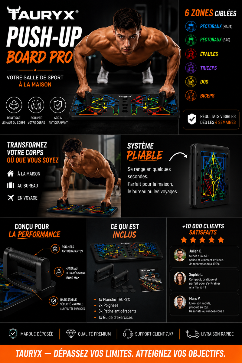 TAURYX Push-Up Board Pro™ — Planche Pompes 6 Zones | Entraînement Haut du Corps