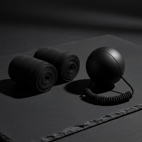 Bandages de boxe noirs TAURYX roulés posés sur tapis, reliés à la balle de réflexe sur cordon élastique